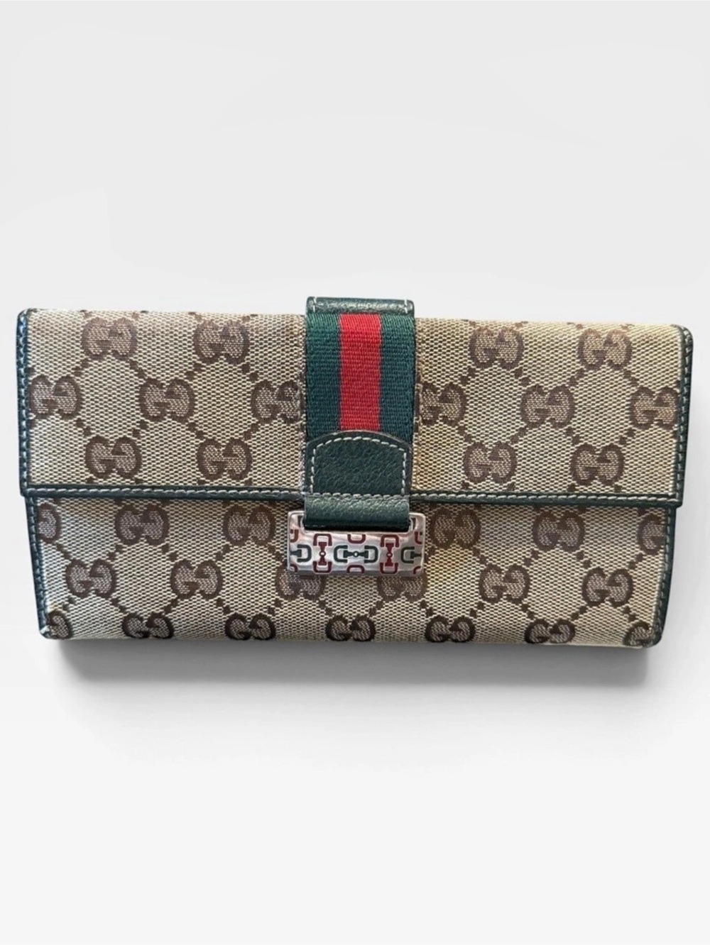 Gucci Authentic GG Canvas Horsebit Web Long Flap Wallet Green & Brown Y2K